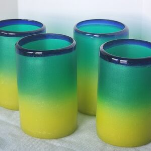 Handblown Mexican Glass Vibrant Blue and Yellow Gradient Glasses Set